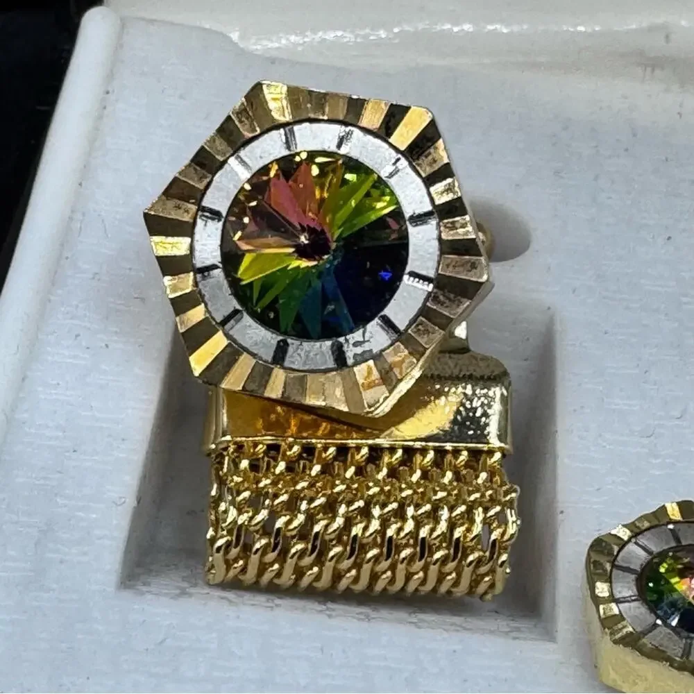 Vintage Millionaire Gold Tone Cufflinks and Tie Tack Set Aurora Borealis